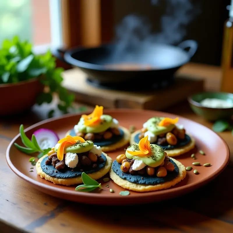 Sopes de maíz azul con relleno de huitlacoche y flor de calabaza, decorados con crema de aguacate, queso de cabra y semillas de calabaza, sobre un plato de barro rústico con fondo de comal humeante.