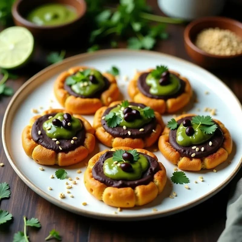 Sopes dorados y crujientes rellenos de mingau de feijão preto oscuro, espolvoreados con semillas de sésamo y acompañados de salsa de cilantro verde brillante en un plato rústico de barro, receta brasileña vegana y sin gluten.