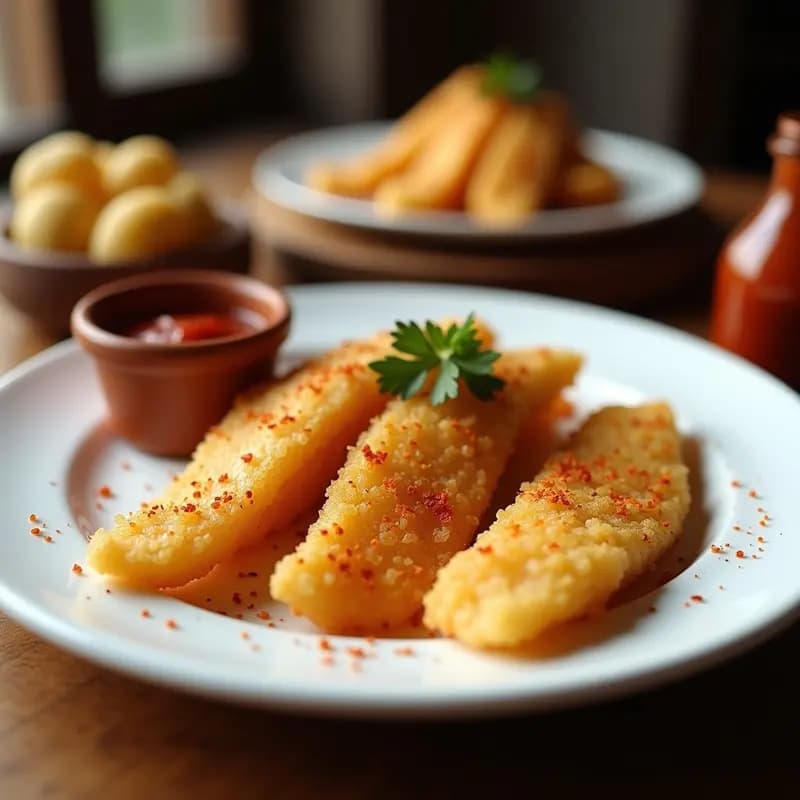 Plato blanco con filetes de soplillo rebozados dorados y crujientes, servidos con salsa brava espesa de color rojo oscuro en un cuenco pequeño. Decoración con pimentón espolvoreado y perejil fresco. Fondo rústico de madera.