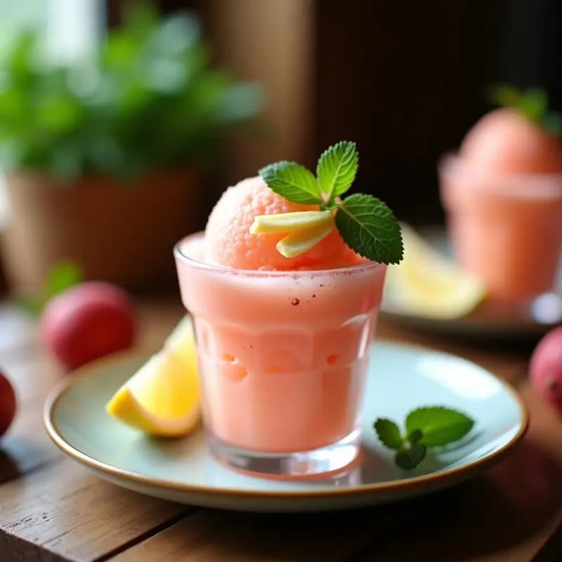 Copa de cristal transparente con sorbe de lichi y jengibre, de color rosado claro y textura esponjosa, decorado con hojas de menta fresca y rodajas finas de jengibre. Fondo borroso con más lichis y menta.