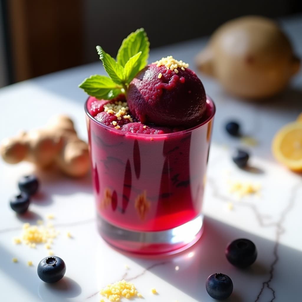 Copa de cristal transparente con sorbete morado intenso de frutas del bosque y jengibre, decorado con hojas de menta y semillas de chía. Fondo borroso con frutas frescas y rodajas de limón.