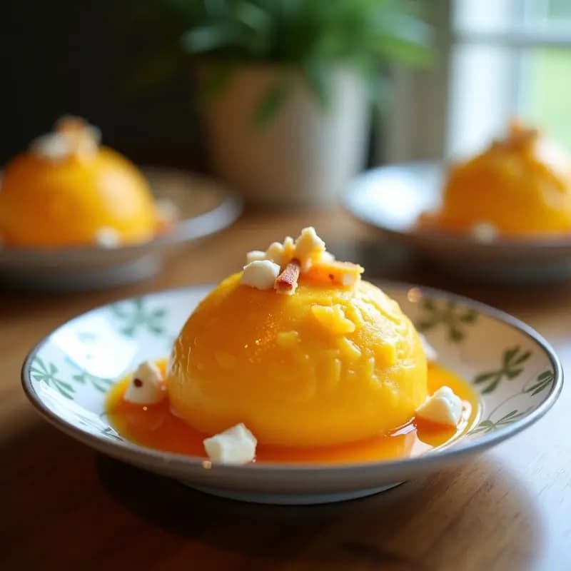 Sorbete de mango y chili con cruzados de coco en copa de cristal transparente, decorado con trozos de mango fresco y copos de coco tostados dorados. Postre tailandés sin azúcar, refrescante y colorido.