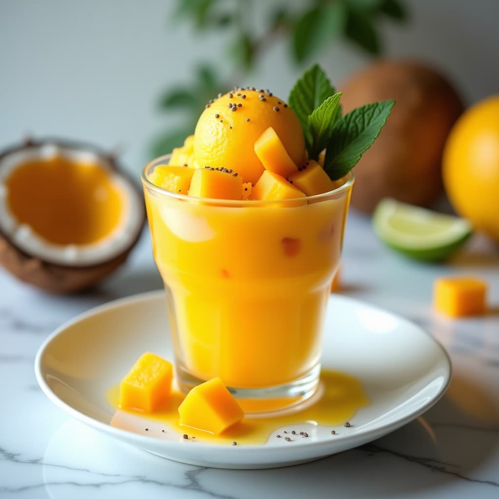 Sorbete de maracuyá y mango con jengibre fresco servido en copa de cristal transparente, decorado con cubos de mango, hojas de menta y un hilo de limón verde sobre fondo blanco con detalles tropicales.