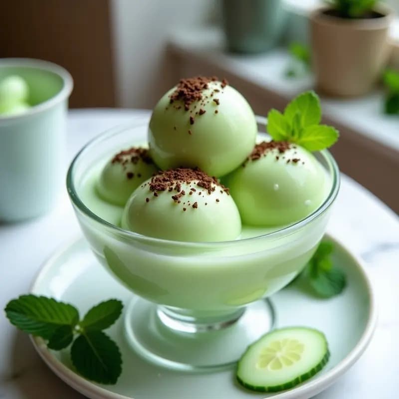 Copa de cristal transparente con sorbete verde claro de pepino y hierbabuena, decorado con virutas de chocolate negro 85%. Fondo con hojas de hierbabuena fresca y rodajas de pepino. Postre libanés sin azúcar, fresco y cremoso.
