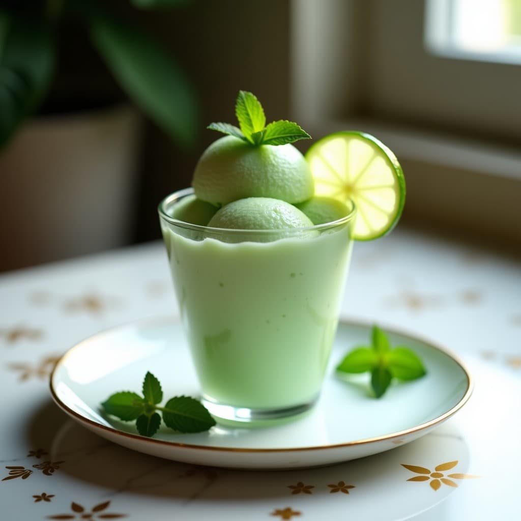 Sorbete de pepino y mentas con toque de lima servido en copa de cristal transparente, decorado con hojas de menta fresca y rodajas de lima, sobre fondo blanco con detalles árabes en tonos dorados.