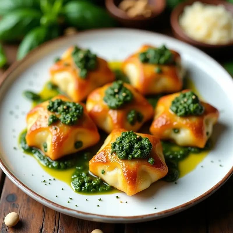 Plato blanco con sorrentinos dorados y crujientes rellenos de ricota y espinacas, bañados en pesto de albahaca verde brillante, servidos en airfryer con un hilo de aceite de oliva.