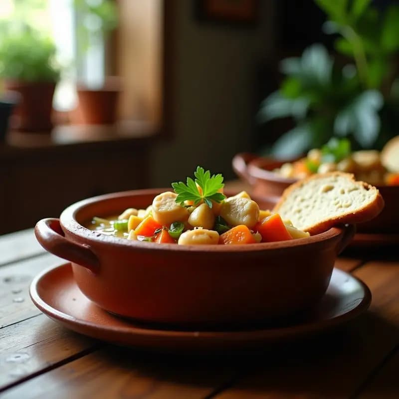 Olla de barro humeante con Sorropotún vasco: guiso espeso de bacalao desmenuzado, alubias blancas y verduras como puerro, zanahoria y pimiento verde, servido en cuenco rústico.