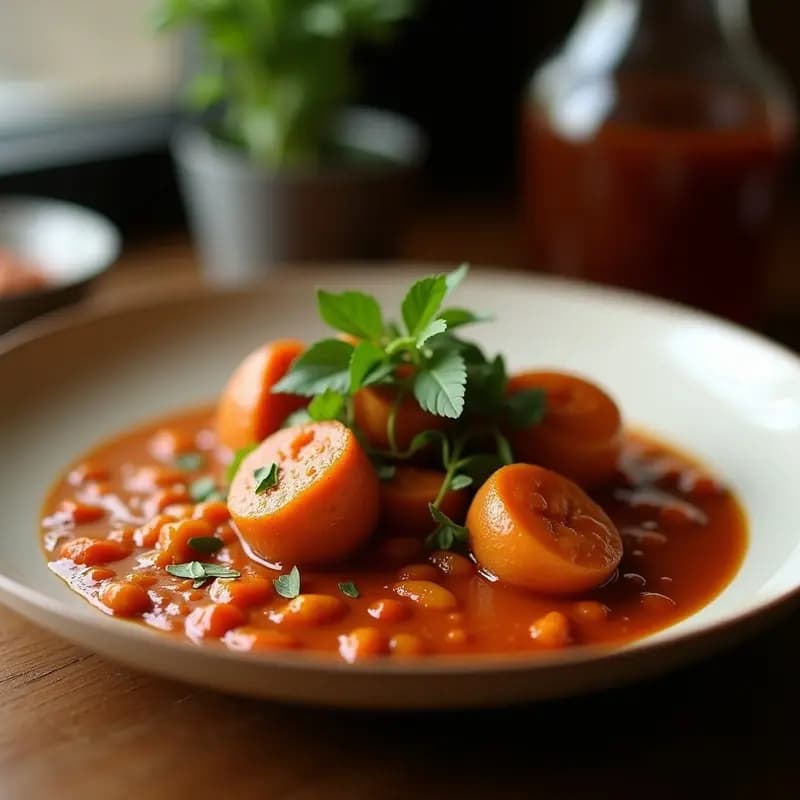 Olla de barro humeante con sorropotún asturiano: fabes blancas cremosas, trozos de morcilla, chorizo y berza en un caldo espeso, servido en plato hondo rústico con rebanadas de pan de escanda al lado.