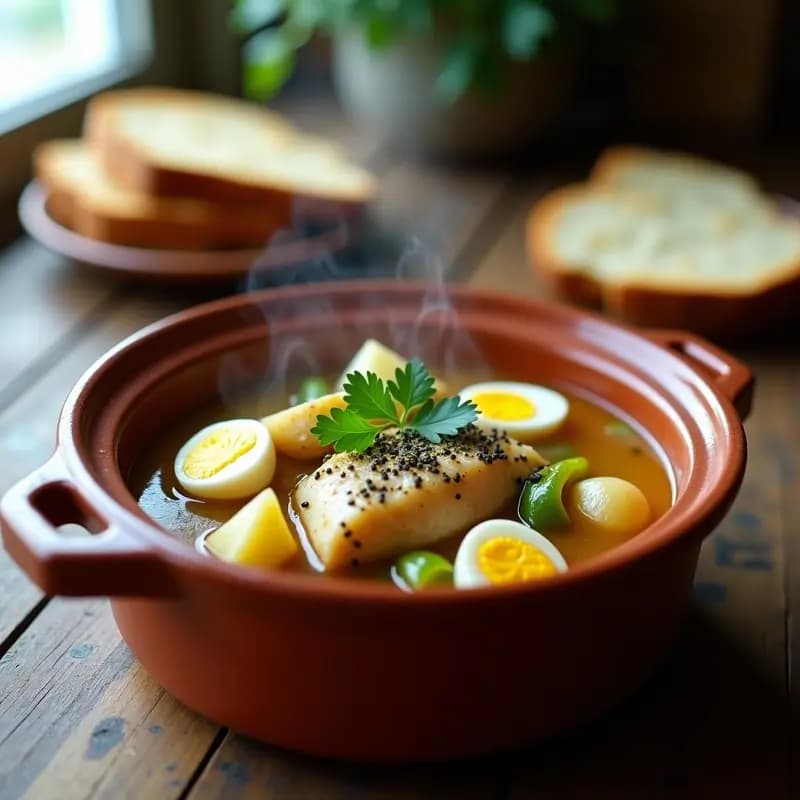 Cazuela de barro humeante con Sorropotún o marmita de bonito vasca tradicional, llena de trozos de bonito, patatas, pimientos verdes y huevo duro partido, servida con pan de barra para mojar. Plato rústico y reconfortante típico de la cocina vasca.