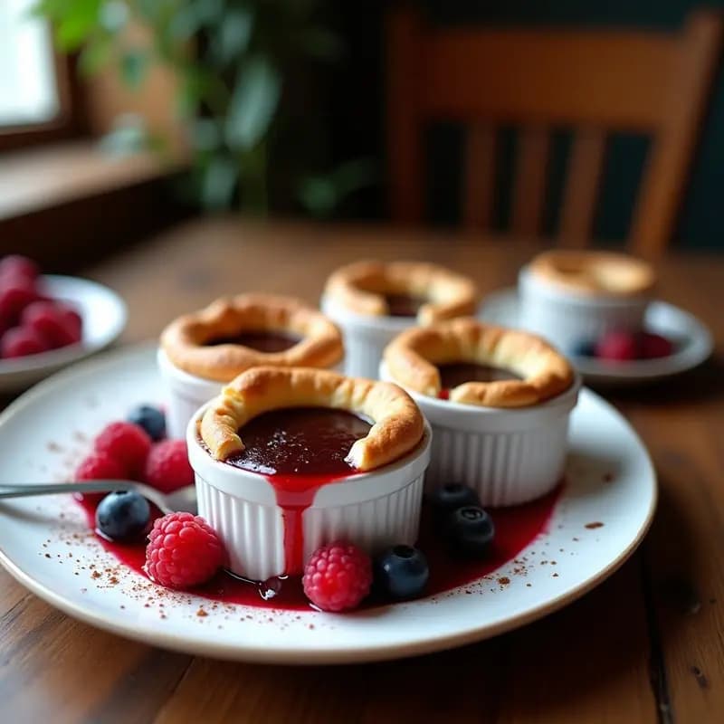 Soufflé de chocolate y chía sin harina recién horneado, dorado y esponjoso, servido en molde individual blanco con salsa de frutos rojos brillante y vibrante en tono rojo intensidad, decorado con semillas de chía y virutas de chocolate negro sobre fondo rústico de madera.
