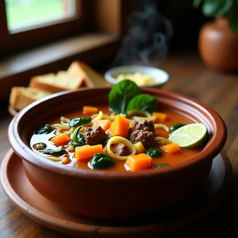 Olla honda de barro con Soup Joumou haitiano, un guiso espeso de calabaza naranja brillante, trozos de carne de res, malanga y fideos finos, adornado con espinacas frescas y una rodaja de limón agrio al lado. Plato tradicional servido en un entorno rústico con pan fresco.