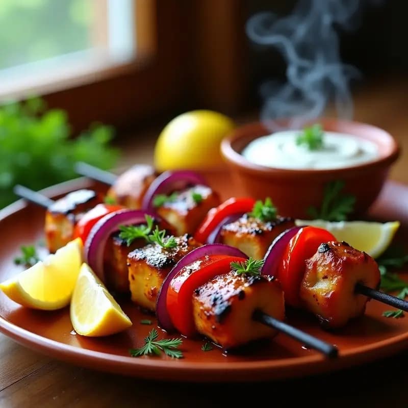 Brochetas doradas de souvlaki griego de pollo al yogur con trozos de cebolla morada y pimiento rojo, servidas en un plato de cerámica blanca con pita integral, rodajas de limón y hierbas frescas al fondo. Receta tradicional mediterránea con marinado cremoso.