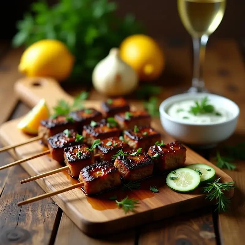 Brochetas de souvlaki griego de ternera dorada en palillos de madera, servidas sobre una tabla rústica con cuenco de tzatziki cremoso de pepino y eneldo, rodajas de limón y ramitas frescas de eneldo. Receta tradicional griega en 30 minutos.