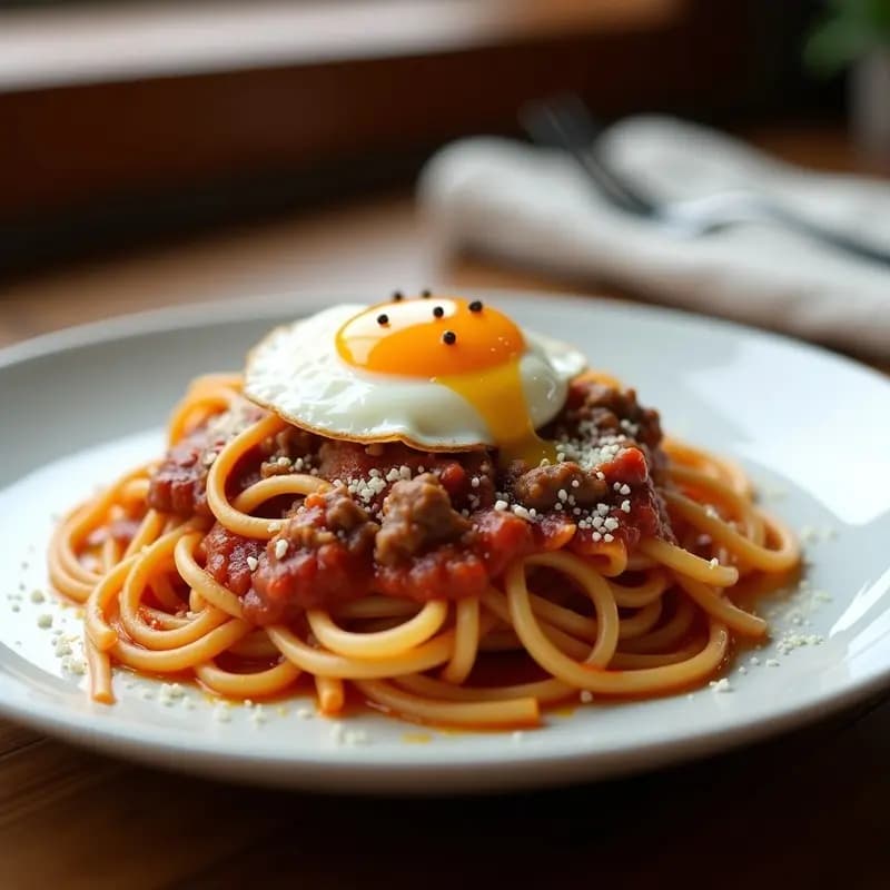 Plato hondo con spaghetti a la boloñesa cubiertos de salsa de carne espesa, queso parmesano rallado en abundancia y un huevo frito con yema líquida encima. Fondos oscuros y textura cremosa, receta italiana reconfortante.
