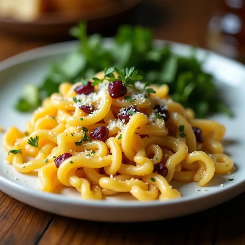 Plato blanco con Spätzle de coliflor y queso Emmental dorados, acompañados de cebolla morada salteada y perifollo fresco, servidos sobre un mantel rústico de lino. Receta alemana sin gluten en Airfryer.