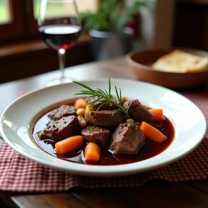 Spezzatino de ternera con vino tinto y champiñones portobello en olla lenta, servido en plato hondo de cerámica blanca con salsa espesa y hierbas frescas, típico de la cocina italiana tradicional.