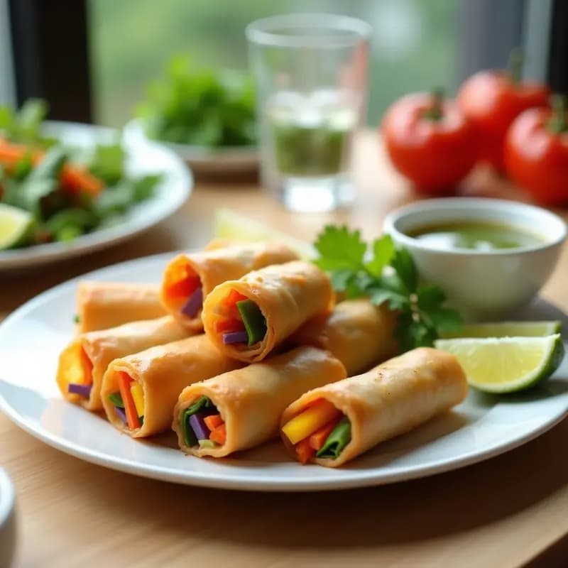 Spring rolls vietnamitas de camarón y verduras dorados y crujientes, servidos en un plato blanco con salsa nuoc cham al lado. Rollitos cortados por la mitad mostrando el relleno de camarones rosados y verduras coloridas. Plato decorado con hojas de menta fresca y rodajas de limón.
