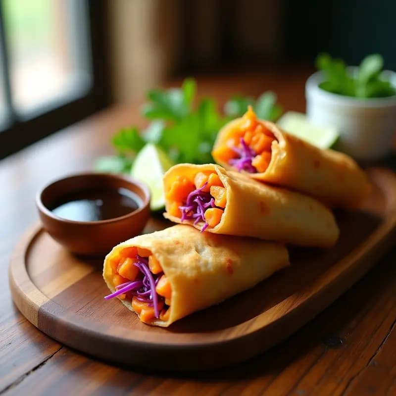 Spring Rolls de Camarón y Mango dorados y crujientes servidos en una bandeja de madera con salsa de soja y lima al lado, receta tailandesa en Airfryer.