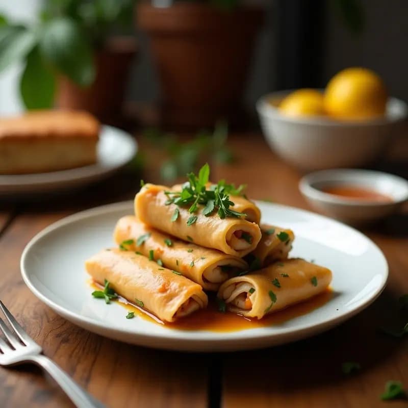 Spring rolls tailandeses de camarón y verduras dorados y crujientes, servidos en un plato blanco con hojas de cilantro fresco y salsa de cacahuete al lado, receta preparada en airfryer.
