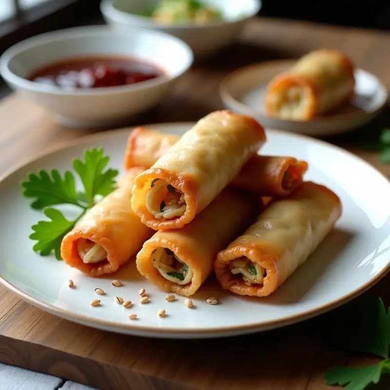 Plato blanco con Spring Rolls de cerdo y repollo dorados y crujientes, servidos con salsa de ciruela espesa y cacahuetes picados. Decorado con cebollino fresco y rodajas de zanahoria.
