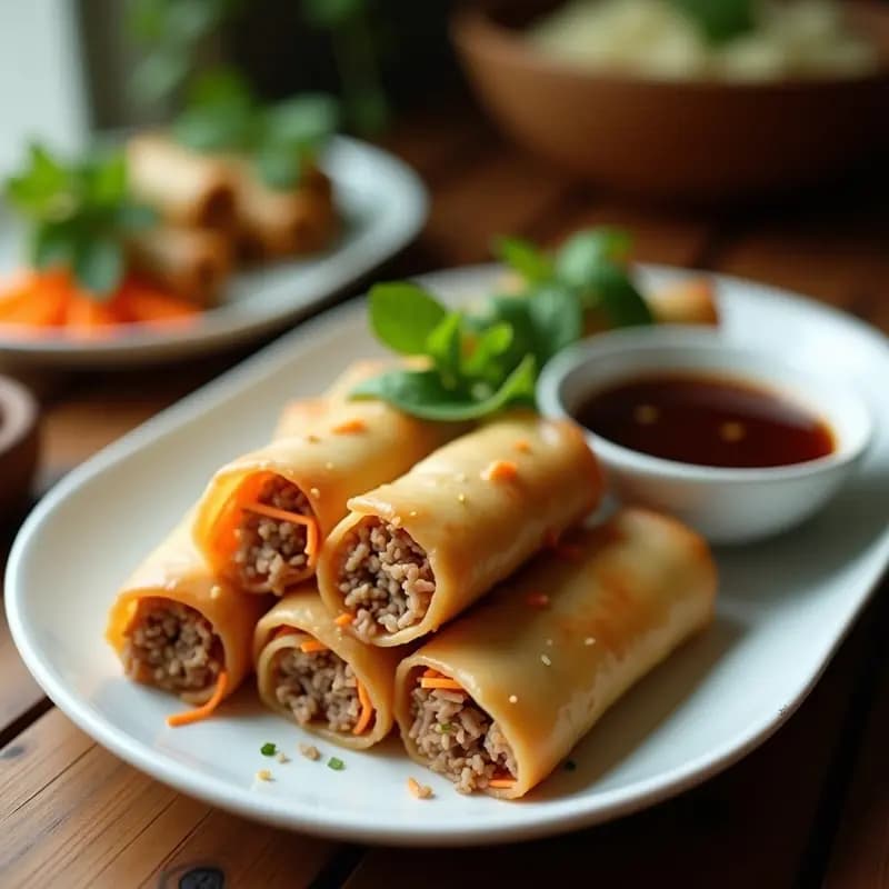 Spring rolls vietnamitas dorados y crujientes con relleno de cerdo y zanahoria, servidos en plato blanco con salsa nuoc mam en recipiente pequeño y hierbas frescas de decoración.