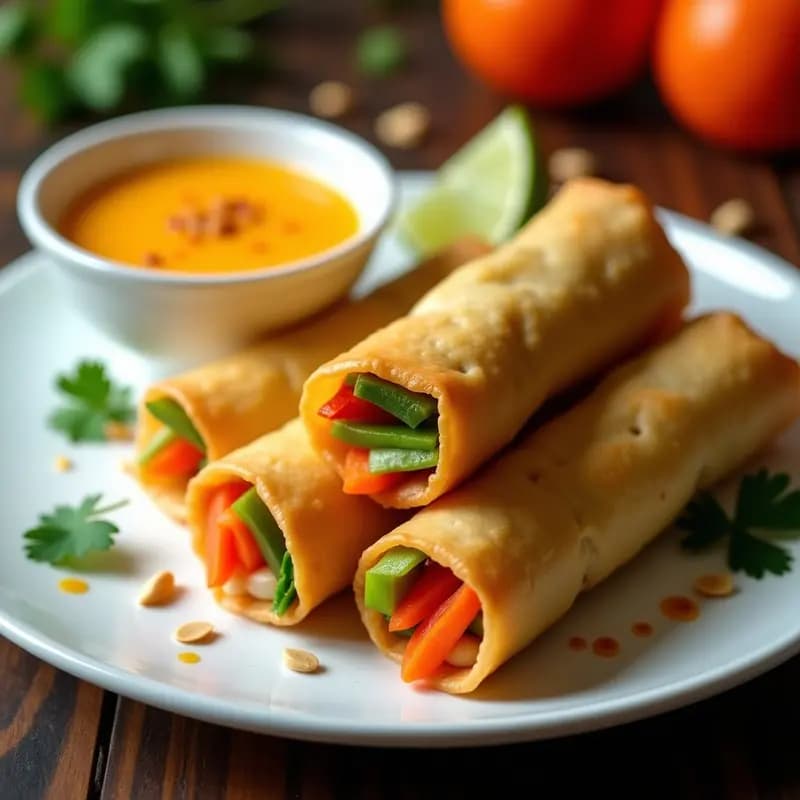 Plato blanco con Spring Rolls Filipinos dorados y crujientes, rellenos de corazón de palma y verduras, acompañados de un bol pequeño con salsa de mango cremosa y decorados con hojas de cilantro fresco.