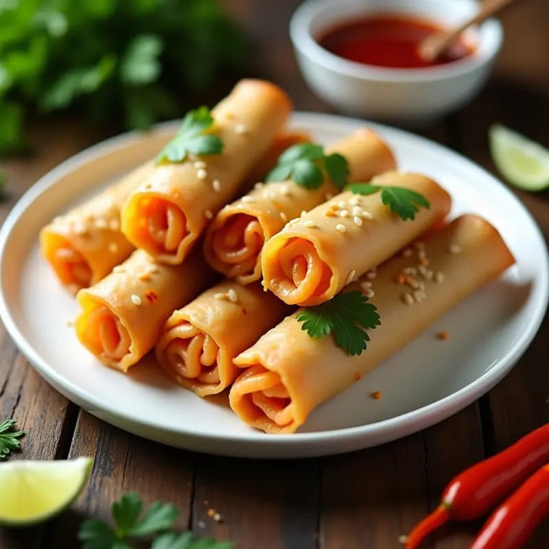 Plato blanco con spring rolls vietnamitas dorados y crujientes rellenos de langostinos y mango, acompañados de un bol pequeño con salsa de sriracha. Decorado con hojas de menta y rodajas de lima.
