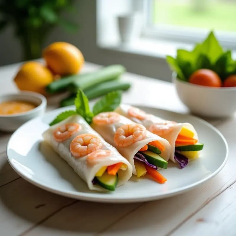 Plato blanco con Spring Rolls de papel de arroz rellenos de langostinos, mango y hierbas frescas, acompañados de salsa cítrica y semillas de sésamo, receta vietnamita fresca y ligera.