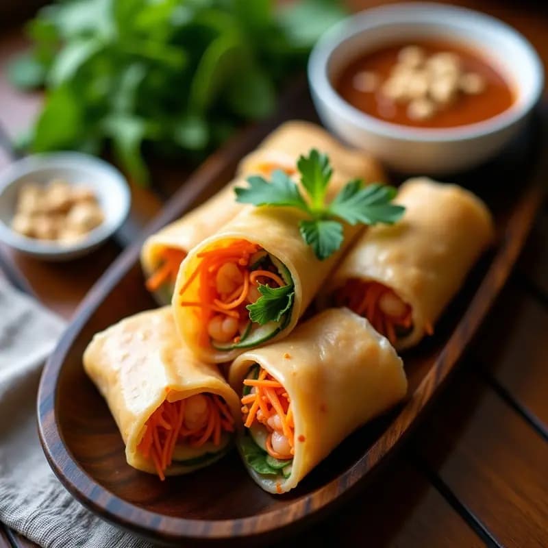 Spring rolls vietnamitas dorados y crujientes en una fuente de madera, rellenos de langostinos y hierbas frescas, servidos con salsa de cacahuete. Receta sin gluten en freidora.