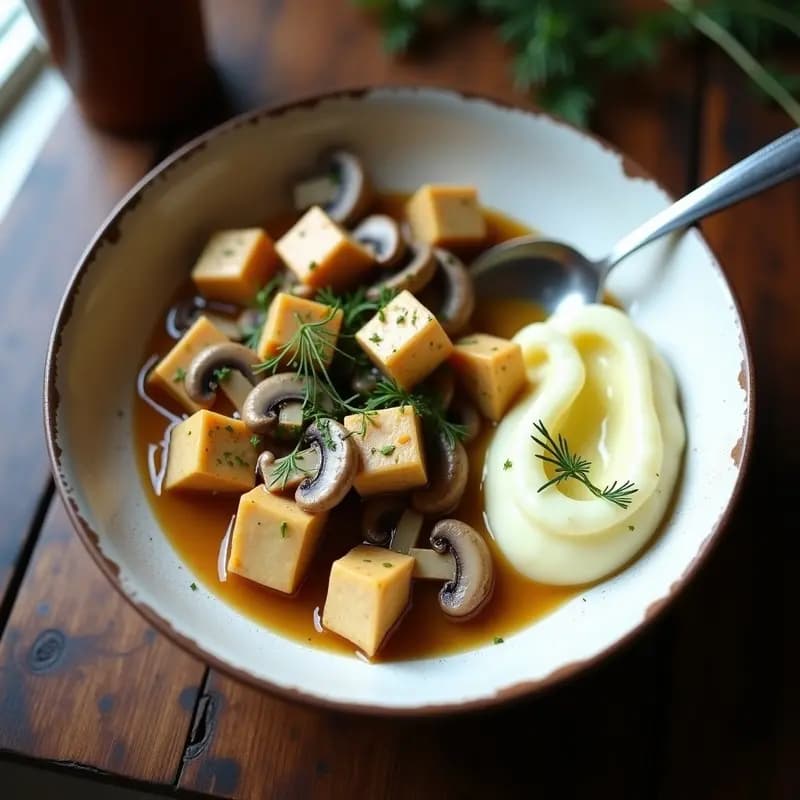 Plato hondo de cerámica blanca con Stroganoff de Hongos y Tofu vegano sobre puré de patata cremoso, decorado con perejil fresco y un hilo de aceite de oliva. Los hongos portobello y el tofu dorado brillan bajo la salsa espesa, con tonos terrosos y un fondo rústico de madera.