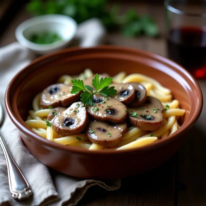 Plato hondo blanco con stroganoff de res en salsa cremosa de avena, champiñones portobello dorados y perejil fresco, servido sobre puré de patatas. Receta rusa sin lactosa.