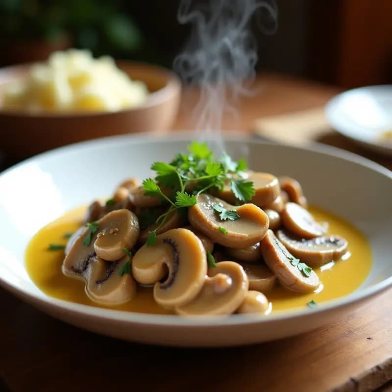 Plato hondo de cerámica blanca con Stroganoff de Res y Hongos bañado en una salsa cremosa de color beige dorado, decorado con perejil fresco picado. Trozos de carne tierna y hongos portobello brillantes, acompañado de puré de papas cremoso. Estilo rústico y apetitoso.
