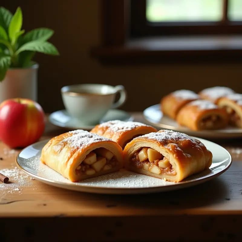 Strudel de manzana y canela sin azúcar refinada recién horneado, con masa dorada y crujiente, relleno de manzanas caramelizadas y nueces, cortado en porciones sobre una tabla de madera rústica.