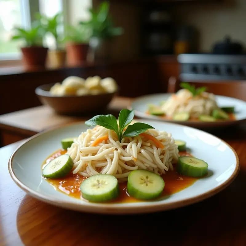 Plato hondo de cerámica blanca con sudado de pescado en salsa cremosa de coco, rodajas de plátano verde, cilantro fresco y coco rallado espolvoreado, servido junto a arroz blanco. Receta colombiana tradicional en olla exprés.