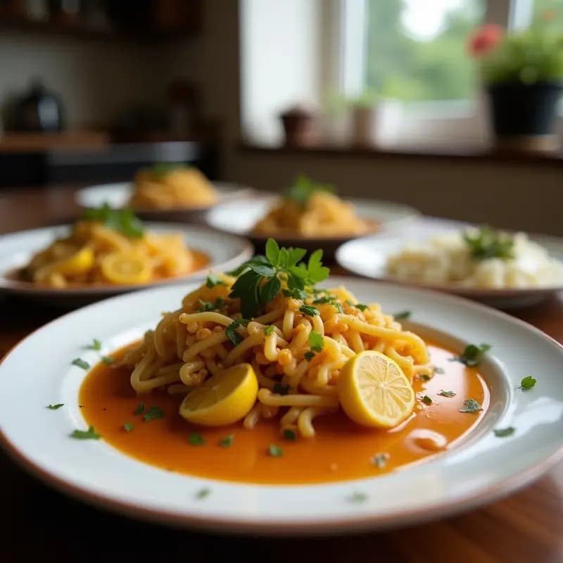 Plato hondo de cerámica blanca con Sumaqiyya iraquí vegana: espinacas salteadas con garbanzos tostados, bañadas en salsa de limón y tahini, decorada con hojas de hierbabuena fresca y un hilo de aceite de oliva.