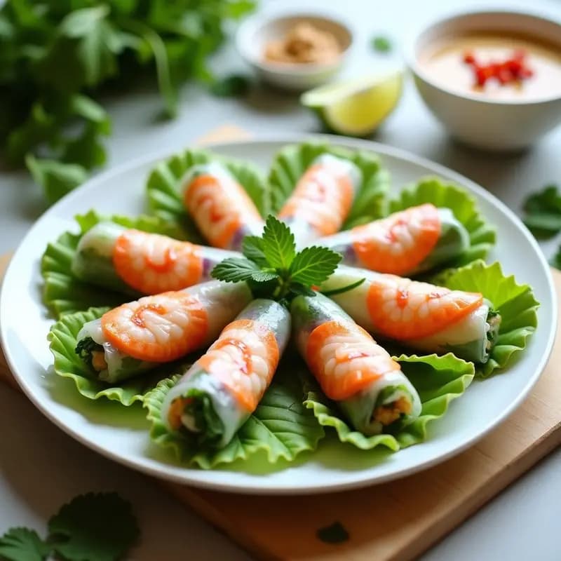 Plato blanco con Summer Rolls vietnamitas rellenos de langostinos cocidos, hierbas frescas y verduras crujientes, servidos con salsa de cacahuete. Receta fresca y sin cocción.
