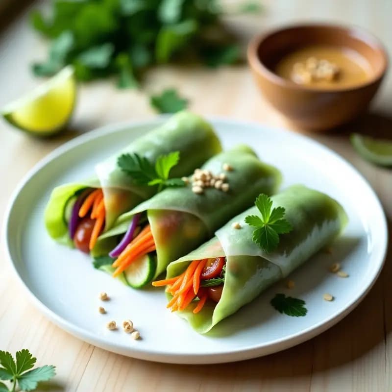 Plato blanco con Summer Rolls de papaya verde y temoga cortados por la mitad, mostrando su relleno colorido de zanahoria, pepino, hierbas frescas y temoga, acompañados de un bol pequeño con salsa de cacahuete y lima espolvoreada con semillas de sésamo, sobre fondo de madera clara con hojas de menta.