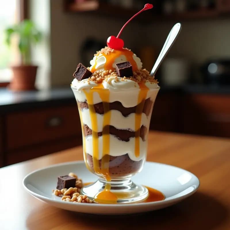 Sundae de Vainilla con Brownie, Nata y Salsa de Caramelo: Postre de Otro Planeta