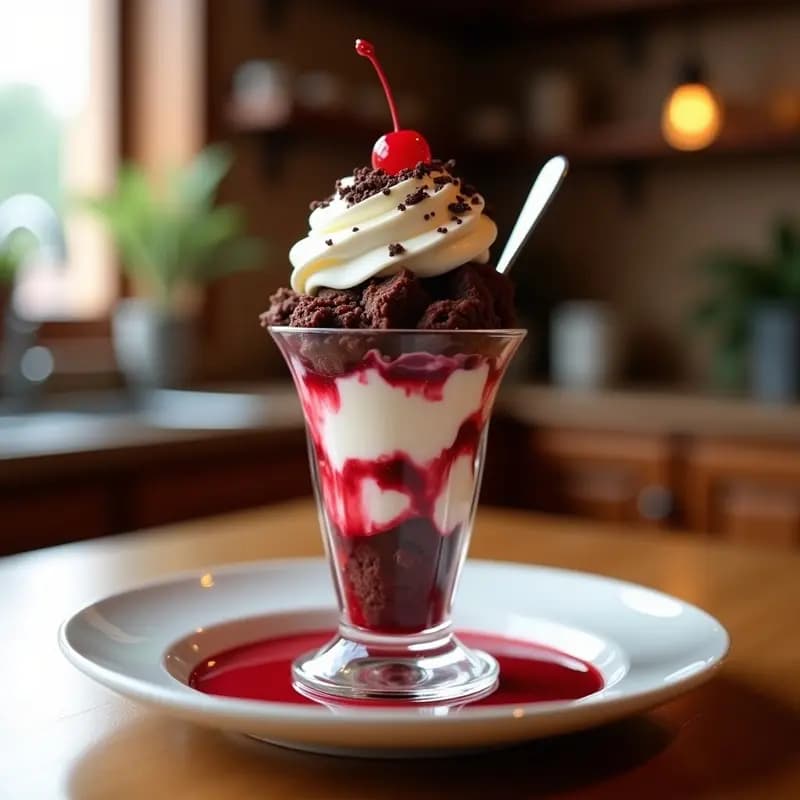 Copa alta de cristal con sundae de helado de vainilla en capas, trozos de brownie oscuro, salsa de frambuesa roja brillante, nata montada cremosa, virutas de chocolate negro y cereza en almíbar como decoración. Plato de heladería en casa con fondo borroso.