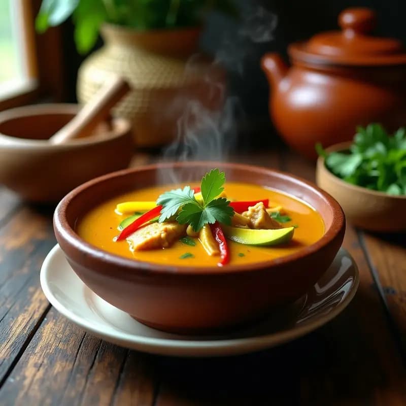 Cuenco hondo de cerámica blanca con Supang Mangga Filipino, sopa agridulce filipina de mango verde en tiras, trozos de pollo, calabaza y hierbas frescas, sobre fondo rústico de madera.