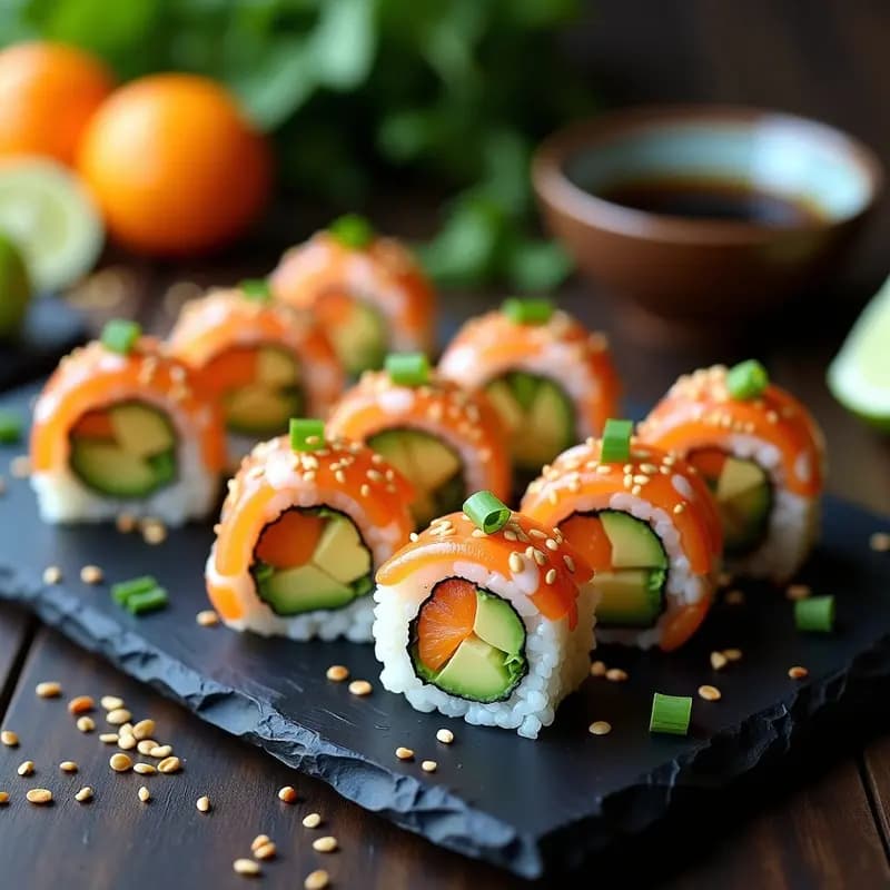 Plato blanco rectangular con 6 rollitos de sushi de aguacate y langostinos al cítrico cortados por la mitad, mostrando el relleno verde cremoso y langostinos rosados. Acompañados de salsa de soja, semillas de sésamo y cebollino picado sobre fondo de madera clara.