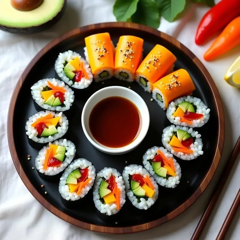 Plato de madera oscuro con rollos de sushi vegetariano de aguacate y mango cortados en piezas, acompañados de salsa de tamarindo en un bol pequeño. Decorado con semillas de sésamo y rodajas de limón, sobre un fondo minimalista.