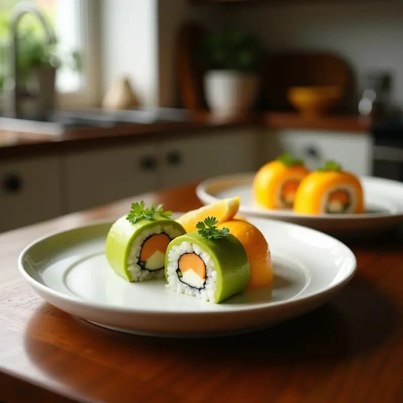 Plato blanco con rolls de sushi crudivegano de aguacate y mango sobre láminas de pepino, bañados en vinagreta de yuzu, decorados con semillas de sésamo negro y blanco, copos de alga nori y hojas de menta, con brotes de soja al lado.