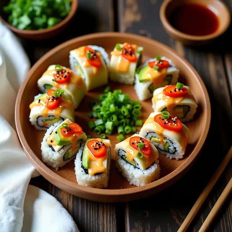 Plato de madera con rollos de sushi vegano cortados en porciones, mostrando capas de arroz blanco, aguacate cremoso y pimiento rojo asado, bañados en vinagreta de sésamo tostado y decorados con semillas de sésamo negro y cebollino picado.
