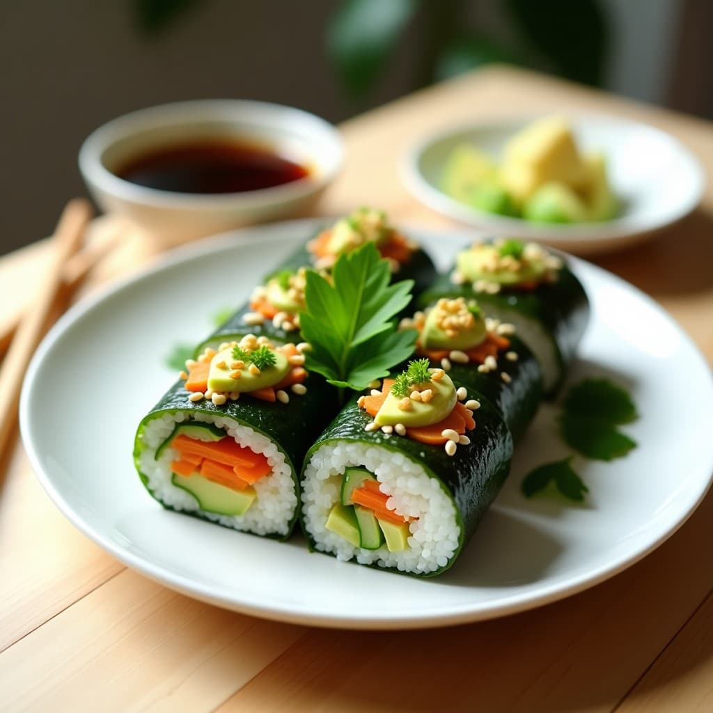 Rollos de sushi crudivegano sin arroz cortados en porciones, con capas visibles de aguacate cremoso, queso de anacardos, pepino y zanahoria, envueltos en alga nori oscura. Espolvoreados con sésamo tostado y decorados con láminas de aguacate y cilantro fresco. Plato minimalista con salsa de soja al lado.
