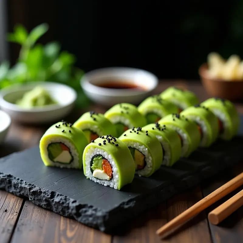 Roll de sushi vegano cortado en porciones, mostrando capas de aguacate cremoso, hojas de salamandra en escabeche y pepino, espolvoreado con semillas de sésamo negro. Acompañado de salsa de soja, wasabi y jengibre encurtido sobre una tabla de madera oscura.