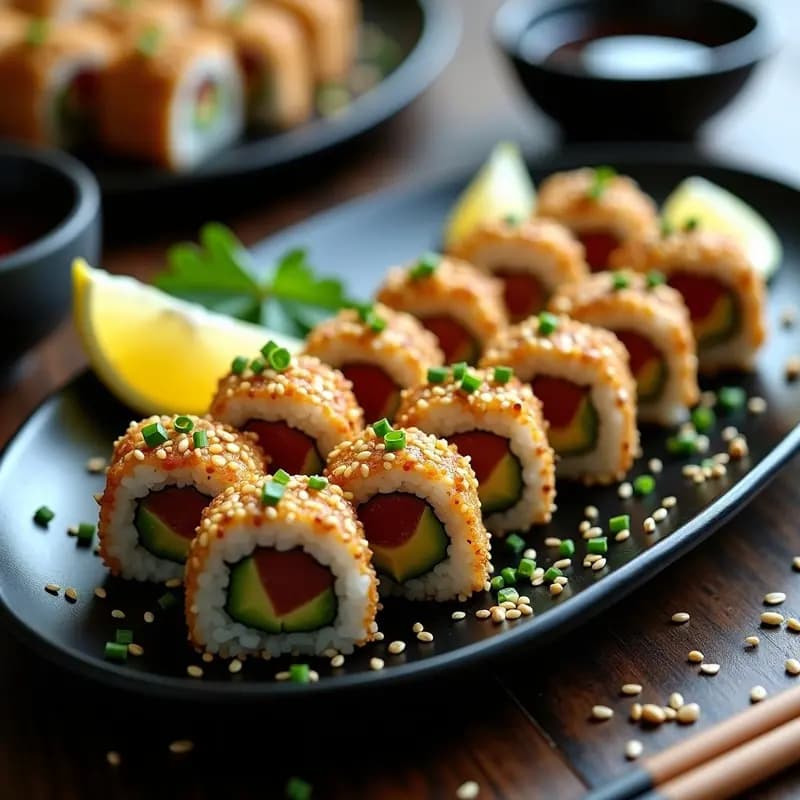 Plato negro con piezas de sushi de aguacate y ventresca de atún cubiertas de sésamo tostado, servidas con salsa de soja y cebollino. Receta japonesa crunchy y nutritiva, fotogénica y lista para redes sociales.