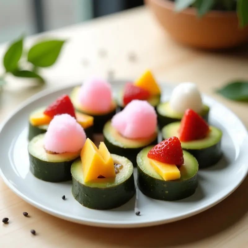 Plato blanco con 8 piezas de sushi de algodón de azúcar y frutas, cada una con base de plátano o aguacate, envuelta en alga nori y coronada con mechones de algodón de azúcar rosa y blanco. Frutas como kiwi, fresas y mango asoman entre las capas, creando un contraste colorido y jugoso. Fondo minimalista con hojas verdes y semillas de chía esparcidas.