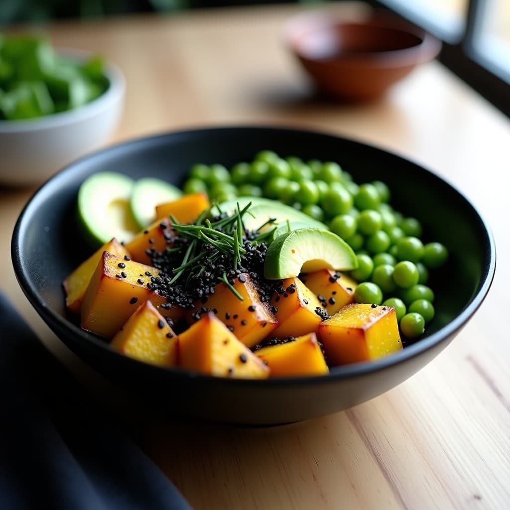Sushi Bowl keto en un bol negro de cerámica, con base de zapallo italiano dorado, láminas de aguacate verde, edamame verde brillante, algas nori desmenuzadas y semillas de sésamo negro, decorado con cebollino picado y un chorrito de salsa oscura.