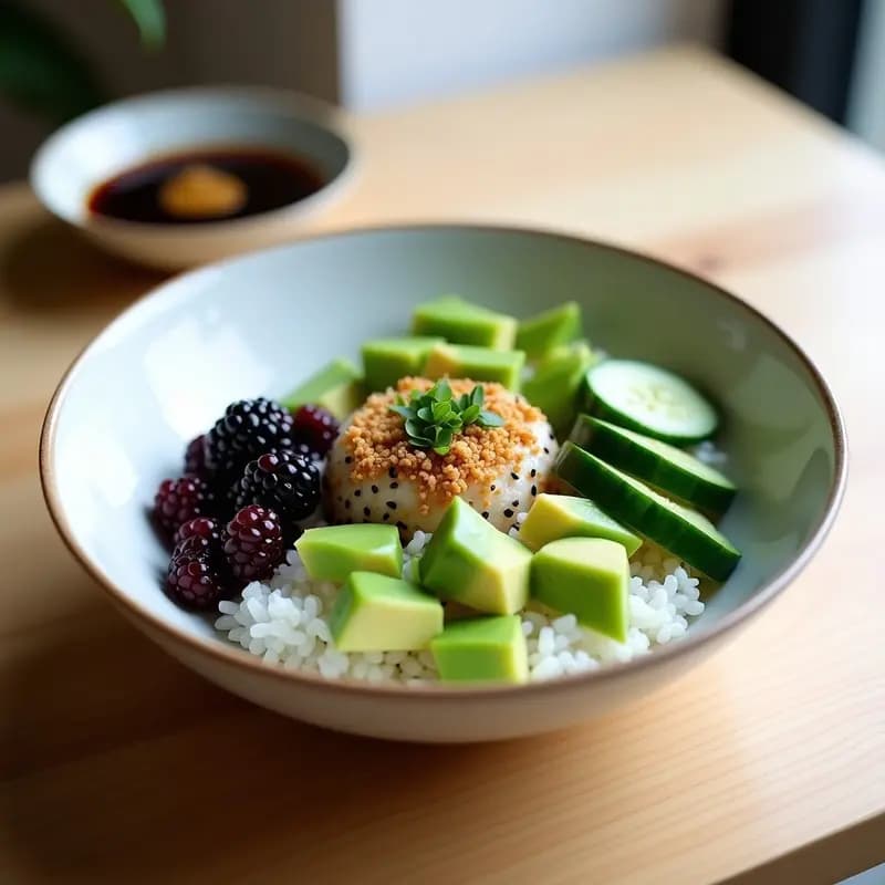 Sushi Bowl vegano en tazón de cerámica blanca con arroz sazonado, cubos de aguacate verde, edamame verde brillante, zarzamoras moradas, pepino en juliana y semillas de sésamo negro espolvoreadas. Aliño oscuro de salsa de soja y aceite de sésamo al lado. Receta japonesa para llevar.
